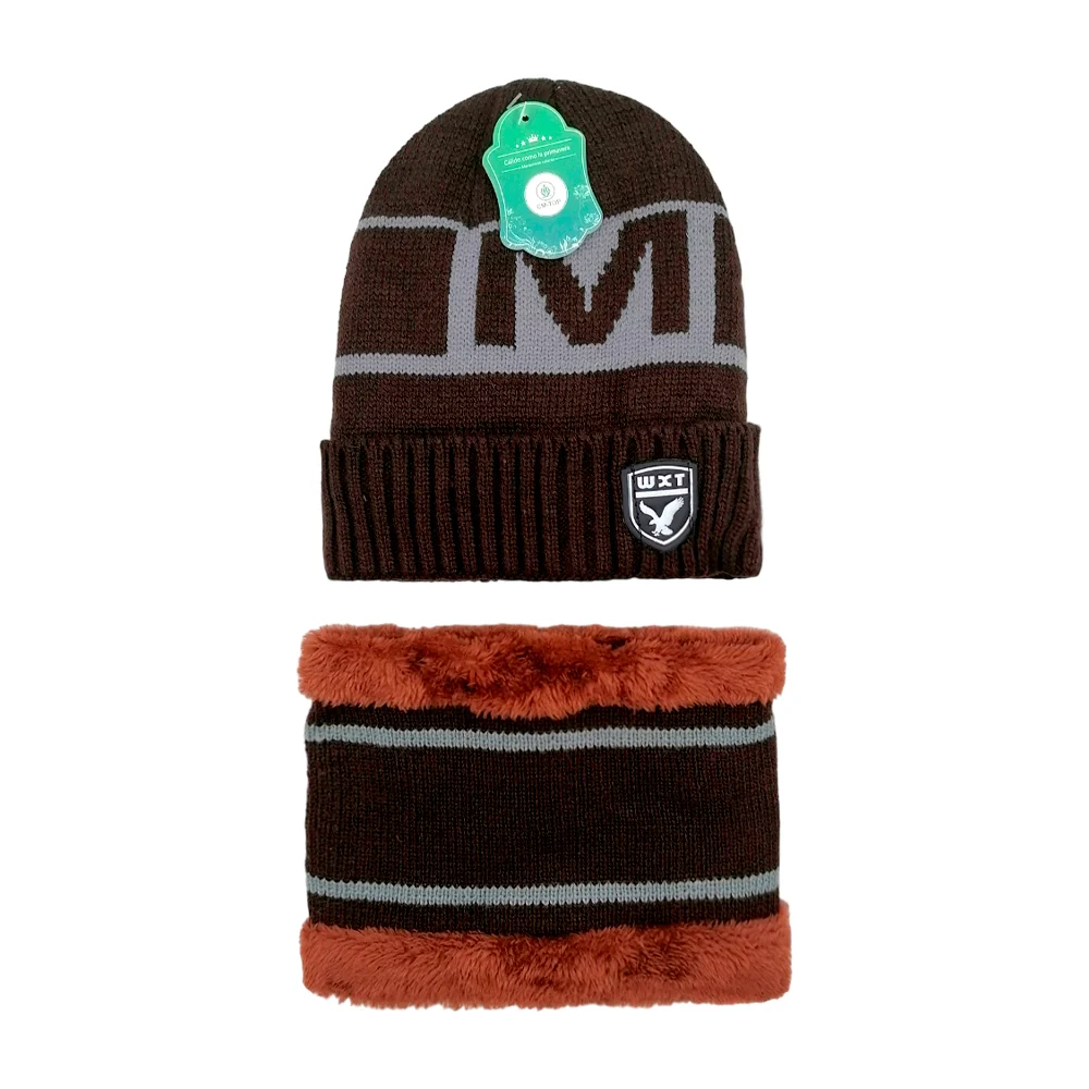 Juego de gorro y bufanda tipo collarin con diseño tejido + borrega y logo de silicón con figura de águila y frase wxt, variedad de colores / new stylea / fz236
