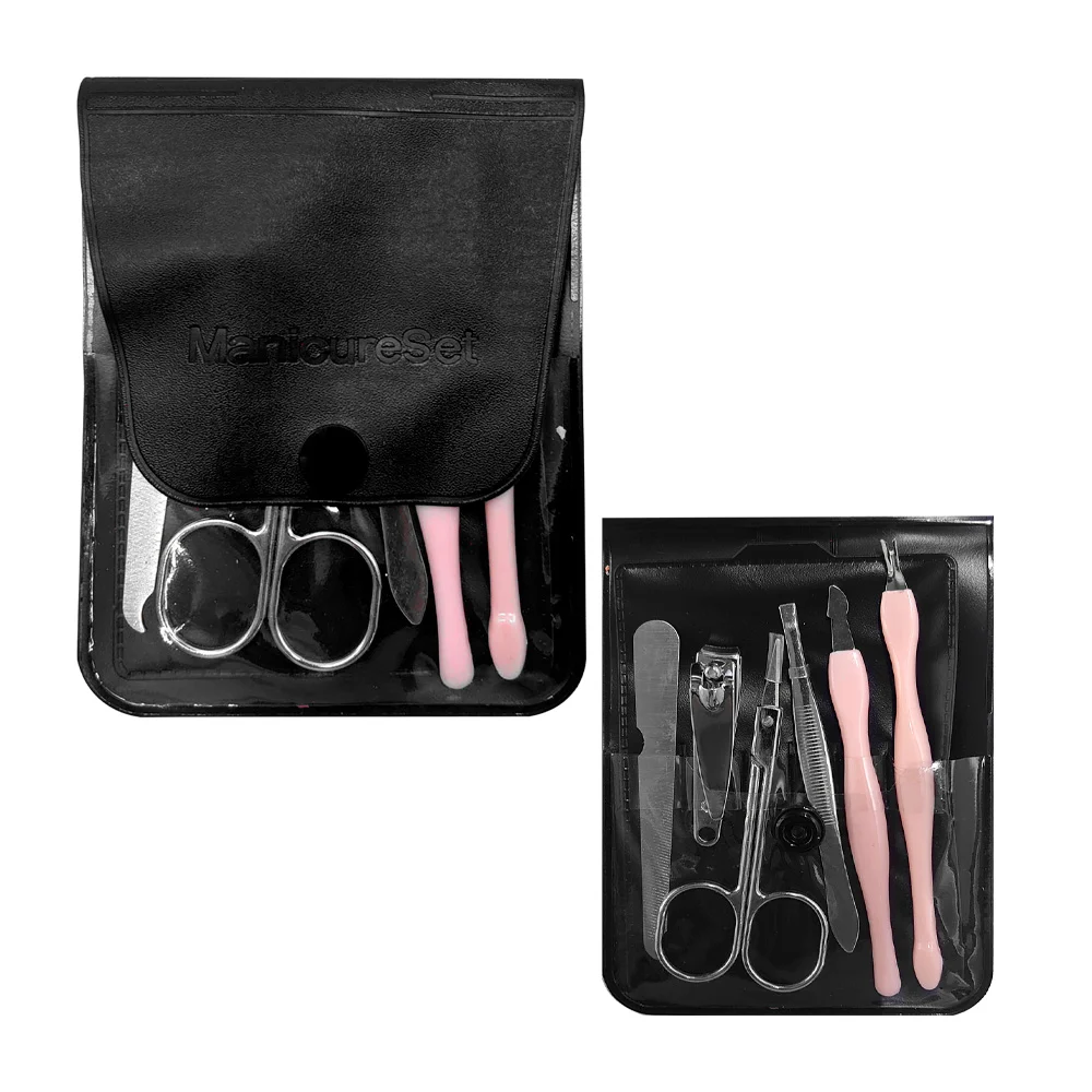 Estuche negro con 6 accesorios para manicure, cortauñas, tijeras, lima metálica, pinzas, removedor de cutícula y pala / manicureset