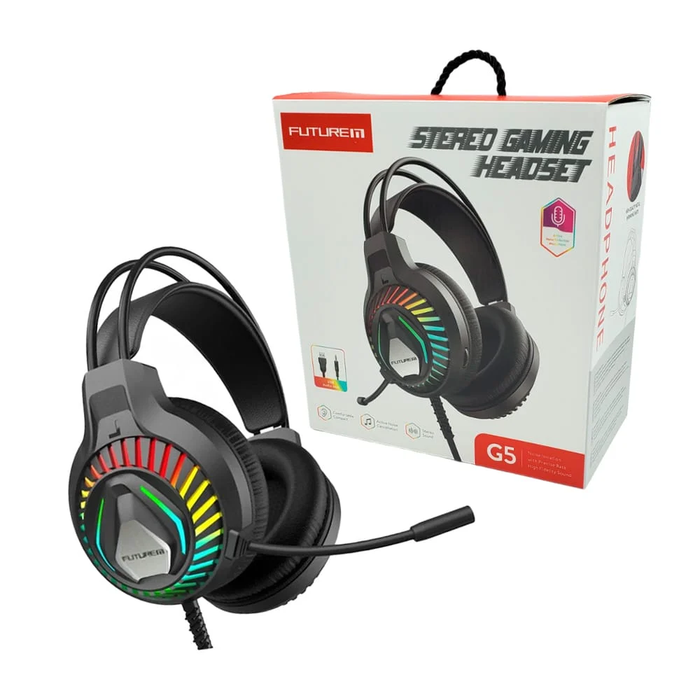 Audífonos alámbricos de diadema, gamer, con luces led rgb, micrófono, entrada usb y auxiliar, variedad de colores / futurem