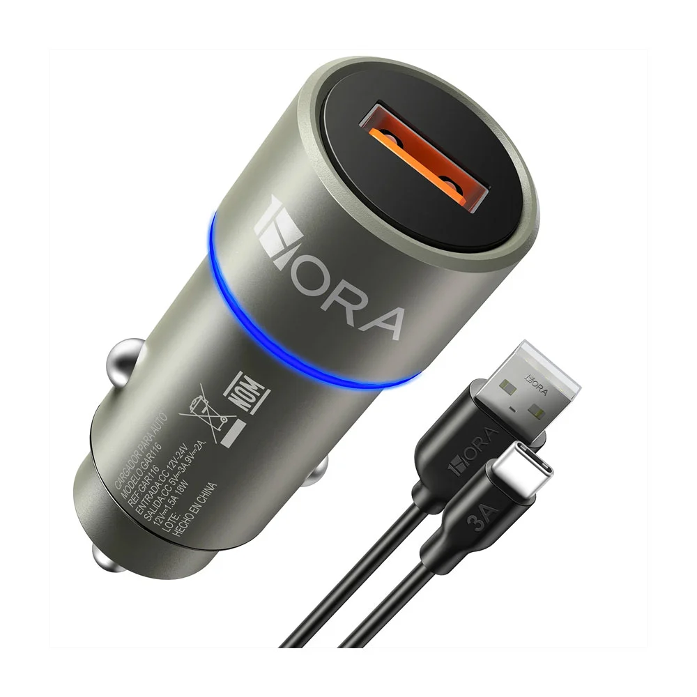 Cargador para carro 1hora con cable usb a entrada tipo-c de 3.0a en color negro / gar116g