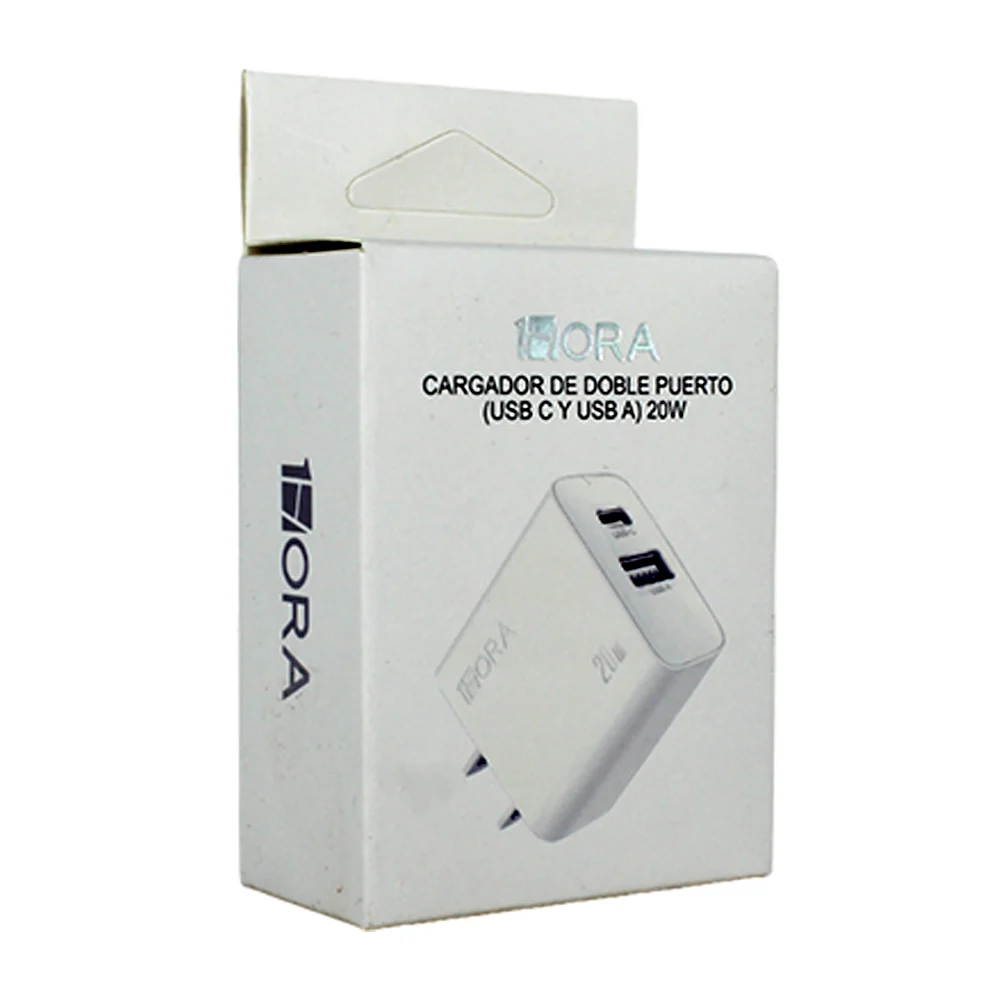 Cubo cargador blanco 1hora con puerto usb y usb-c de 20 watts / pd20w