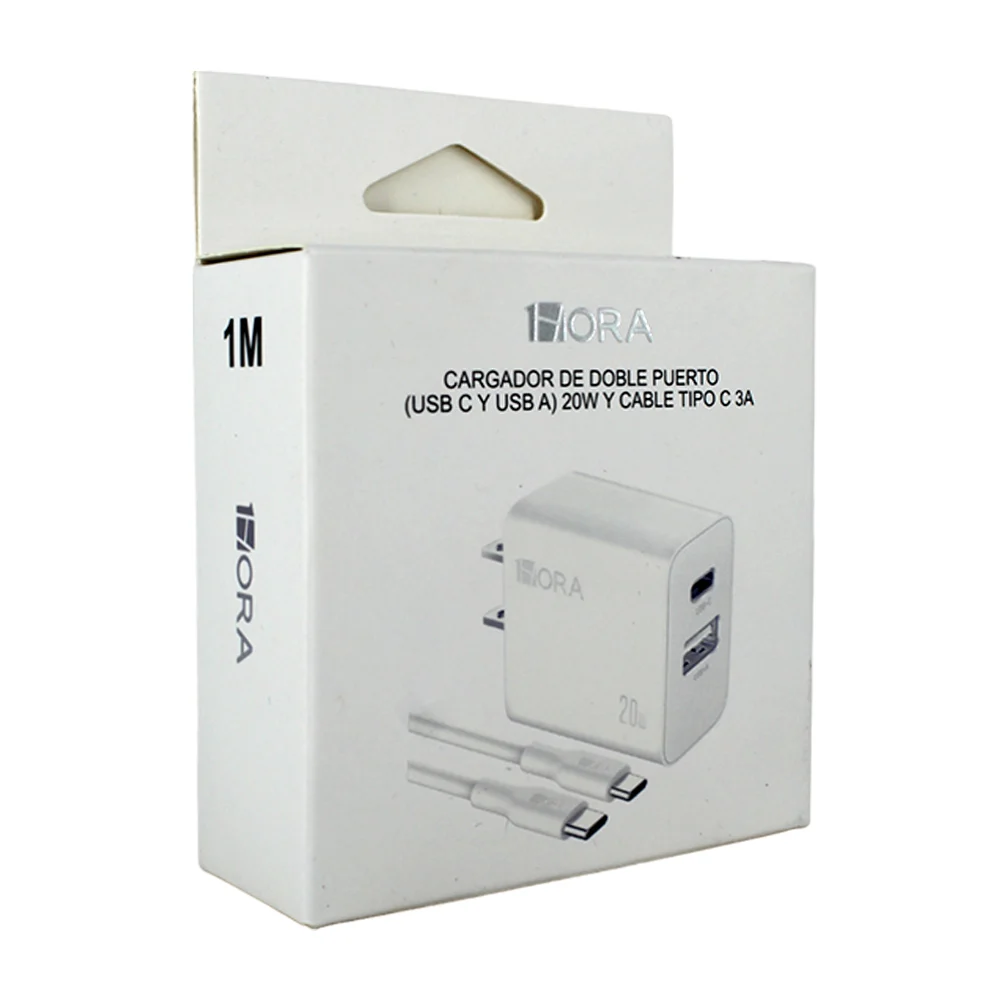 Combo cargador 1hora con cable tipo c y cubo con puerto usb y usb-c / pd20w