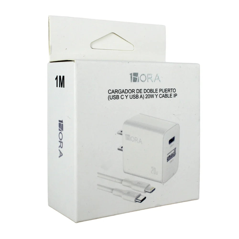 Combo cargador 1hora con cable lightning iphone y cubo con puerto usb y usb-c / pd20w