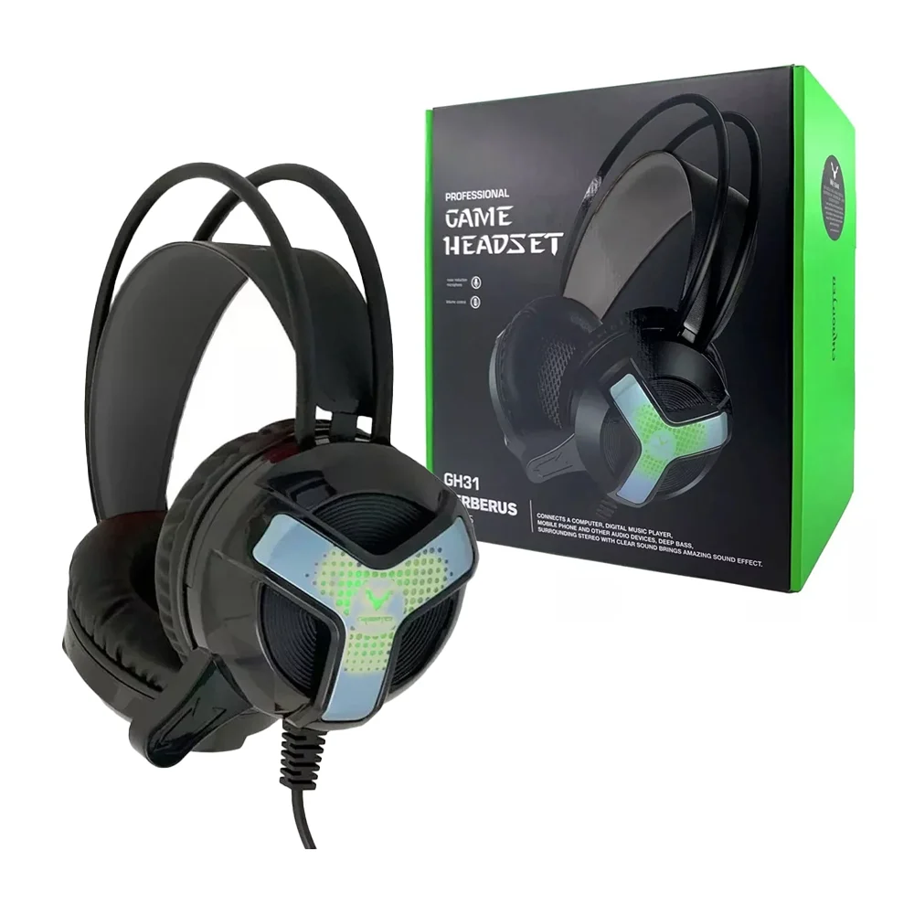 Audífonos de diadema con cables de alimentación usb y auxiliar con luz rgb y micrófono / professional game headset / cerberus series / gh31