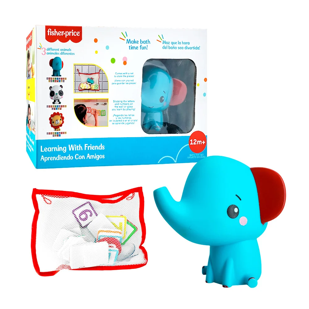 Juguete fisher-price, juego de baño con fichas adheribles para pared o cristal con estampado de números - letras, bolsa de red y figura de elefante para bebé / gmbt004c