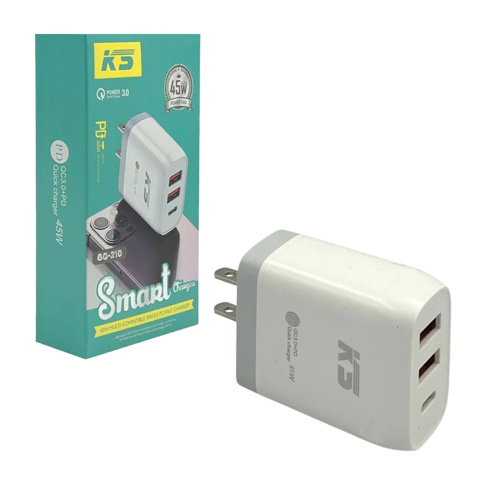 Cubo cargador de 45w con puerto usb-c y 2 usb para carga rápida 3.0 / gq-210