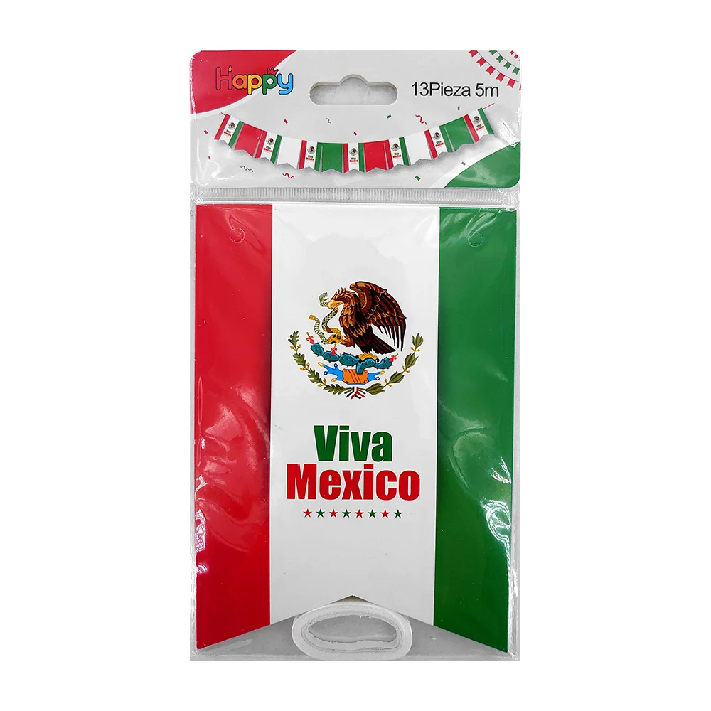 Banderín viva méxico con diseño tricolor y escudo mexicano 5m / happy / gq-32