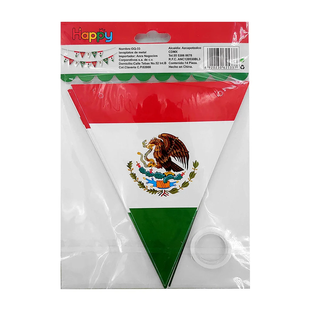 Banderín triangular viva méxico con diseño tricolor y escudo mexicano 5m / gq-33