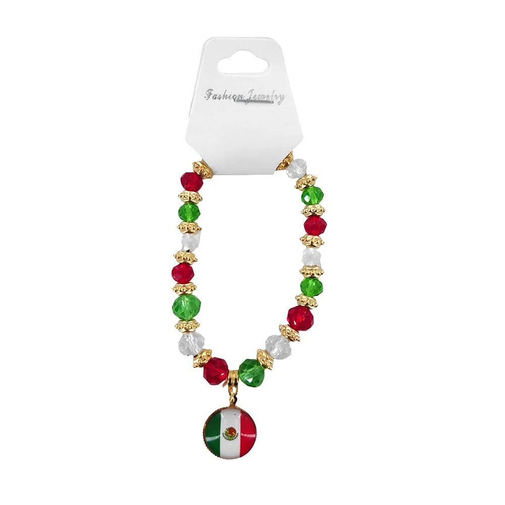 1pza Pulsera elástica con cuentas tipo cristal de colores tricolor y metálicas + dije redondo con diseño de bandera mexicana encapsulada / pulsera mexico / fashion jewelry