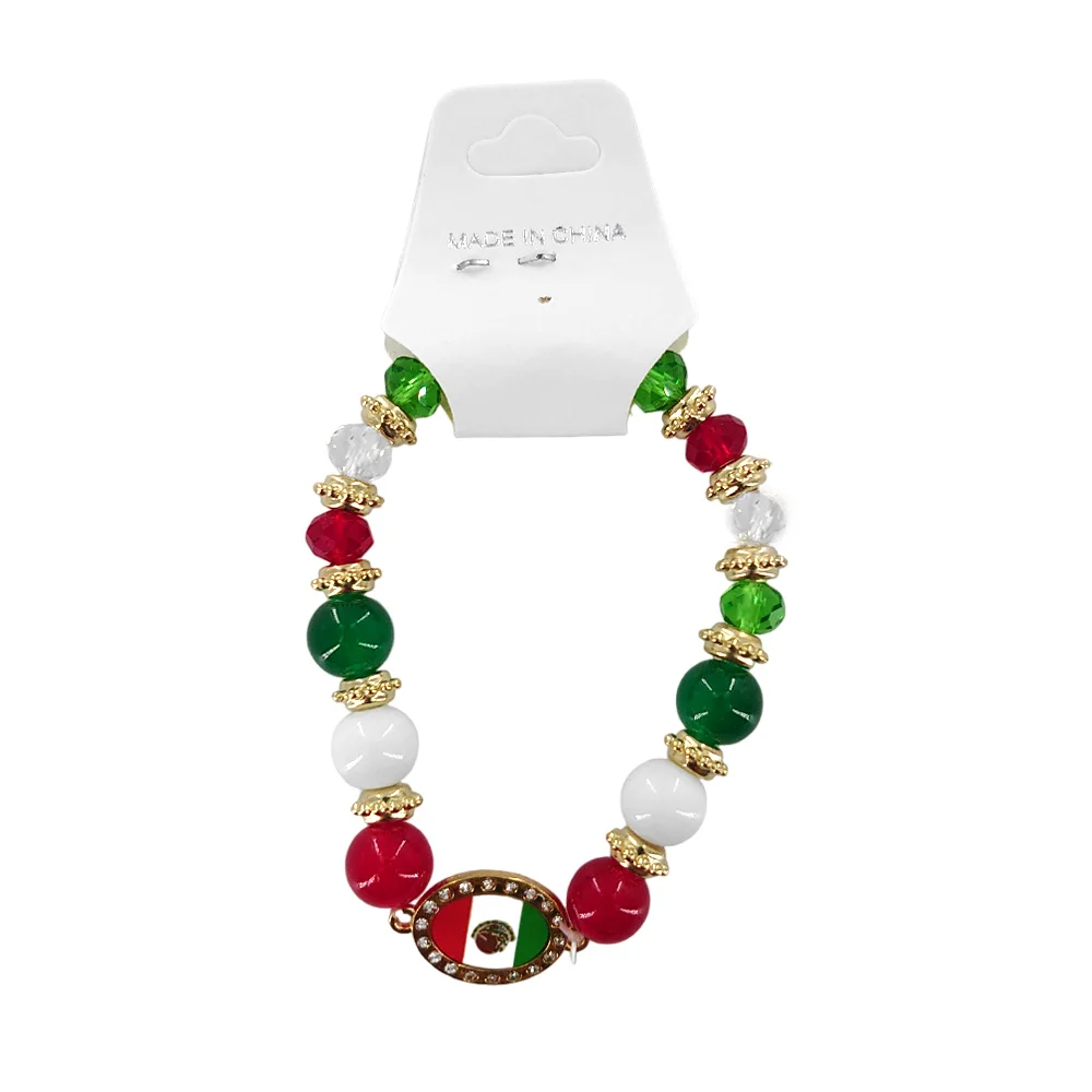 1pza Pulsera elástica tricolor con dije en forma ovalada, diseño de bandera mexicana / fashion jewelry / gq-7