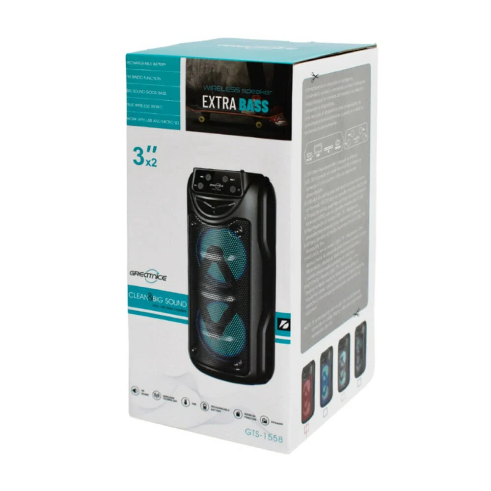 Bocina bluetooth greatnice 3x2 pulgadas con luz y ranuras para usb y micro sd / gts-1558