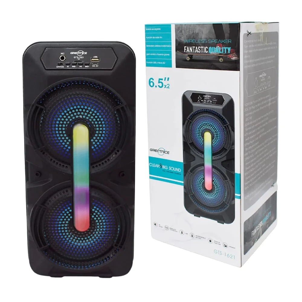 Bocina bluetooth greatnice de 6.5x2 pulgadas con luz rgb y ranuras para usb y micro sd / gts-1621