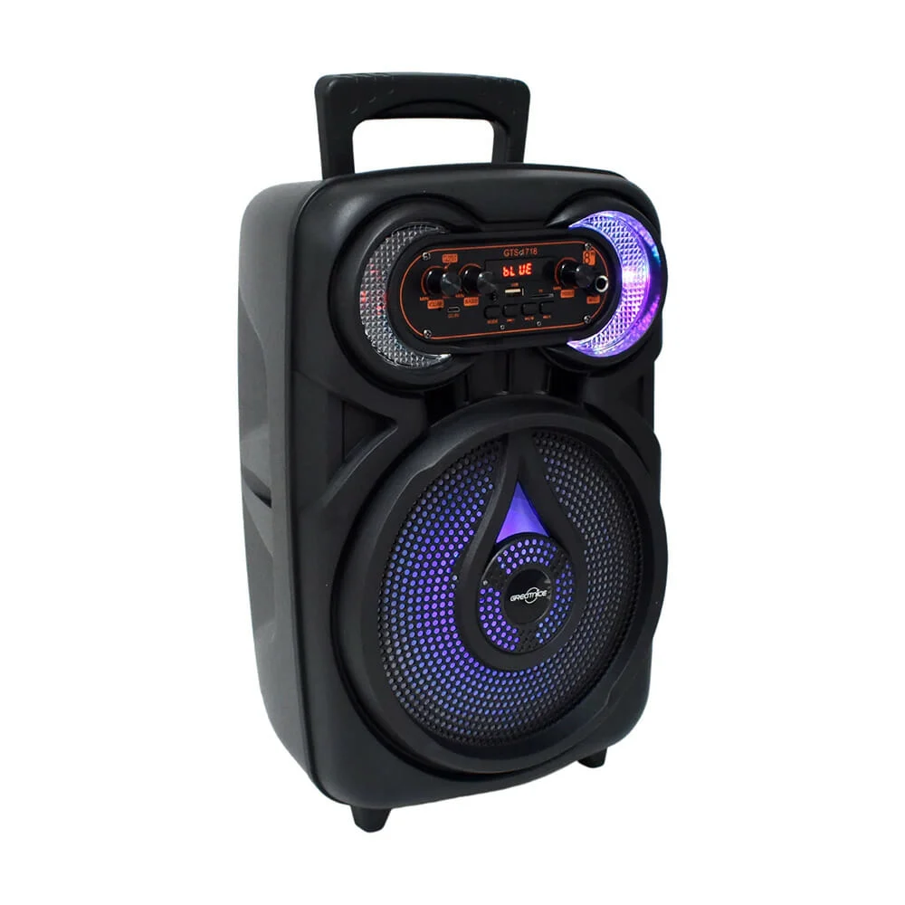 Bocina bluetooth portátil de 8 pulgadas con rejilla diseño de gota, luces, micrófono, pantalla digital y agarradera / gts-1718