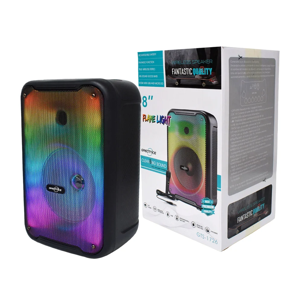 Bocina bluetooth de 8 pulgadas con puerto usb - sd, fm y luces rgb + micrófono / gts-1726 / flame light