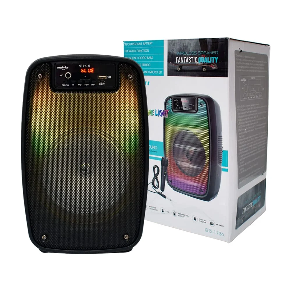 Bocina bluetooth de 6.5 pulgadas con luz rgb, micrófono y ranuras para usb y micro sd / gts-1736