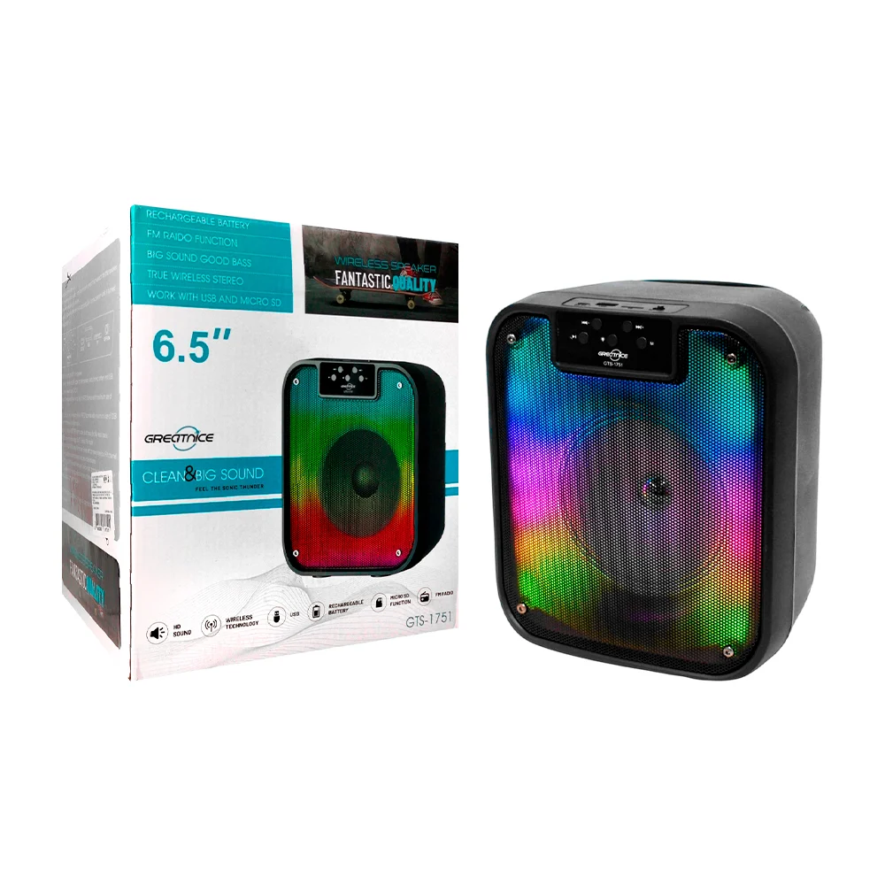 Bocina bluetooth de 6.5 pulgadas con luz rgb y ranura para usb y tf / gts-1751