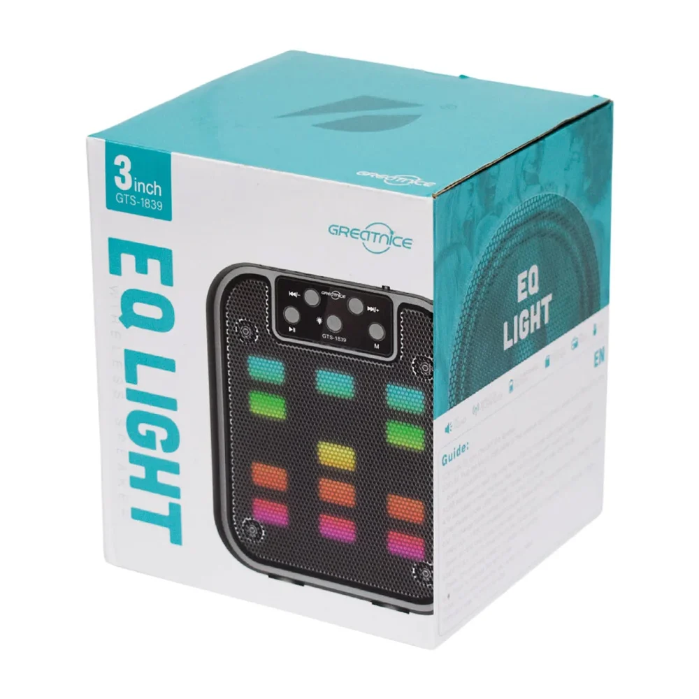 Bocina pequeña bluetooth greatnice 13.2 x 12.6 x 15.4cm con luces led, radio fm, sonido hd y cable usb / gts-1839