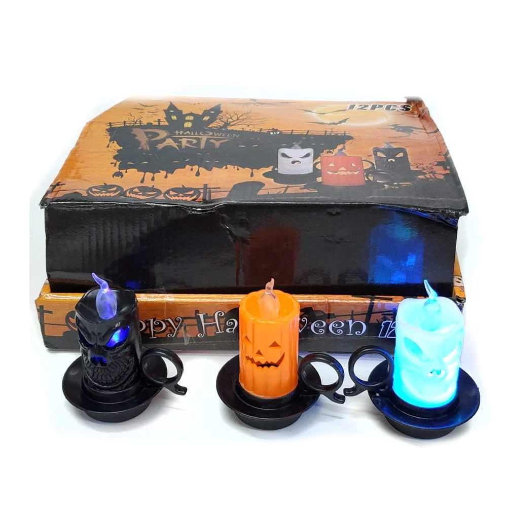 1pza Mini lámpara decorativa de plástico tipo vela con temática de halloween y luces rgb, variedad de diseños / gui-1390