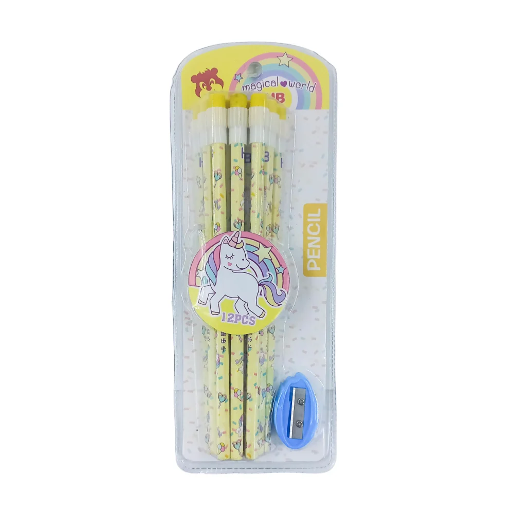 Blìster 12 lápices con diseño de unicornio y sacapuntas, variedad de colores / magical world pencil / 783733