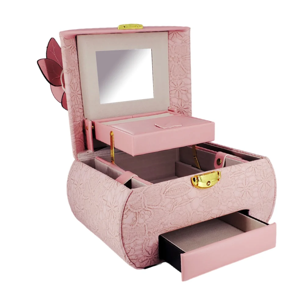 Organizador joyero / alhajero con forma ovalada con llave, 3 niveles, aza con flor y 20 compartimientos,  24x17x15cm / h431