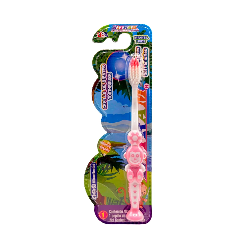 Cepillo dental infantil, mango plástico en forma de animal animado, multicolores