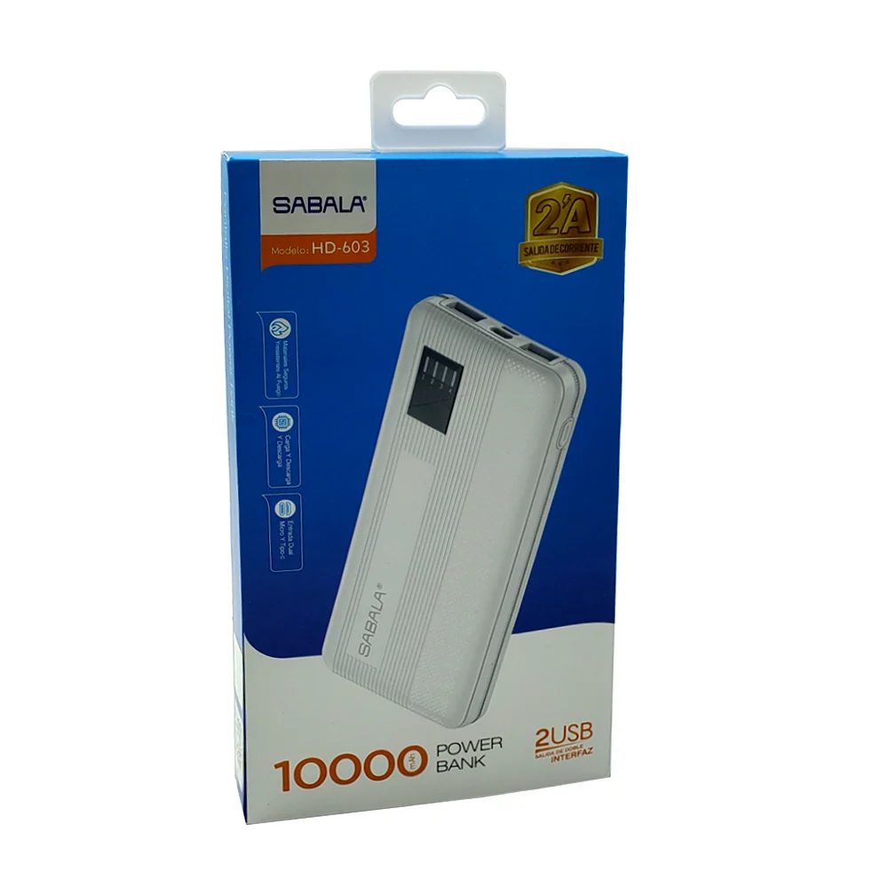 Power bank / batería portátil sabala con pantalla digital + 2 puertos usb, 1 puerto tipoc y 1 puerto v8, 10000mah / hd-603