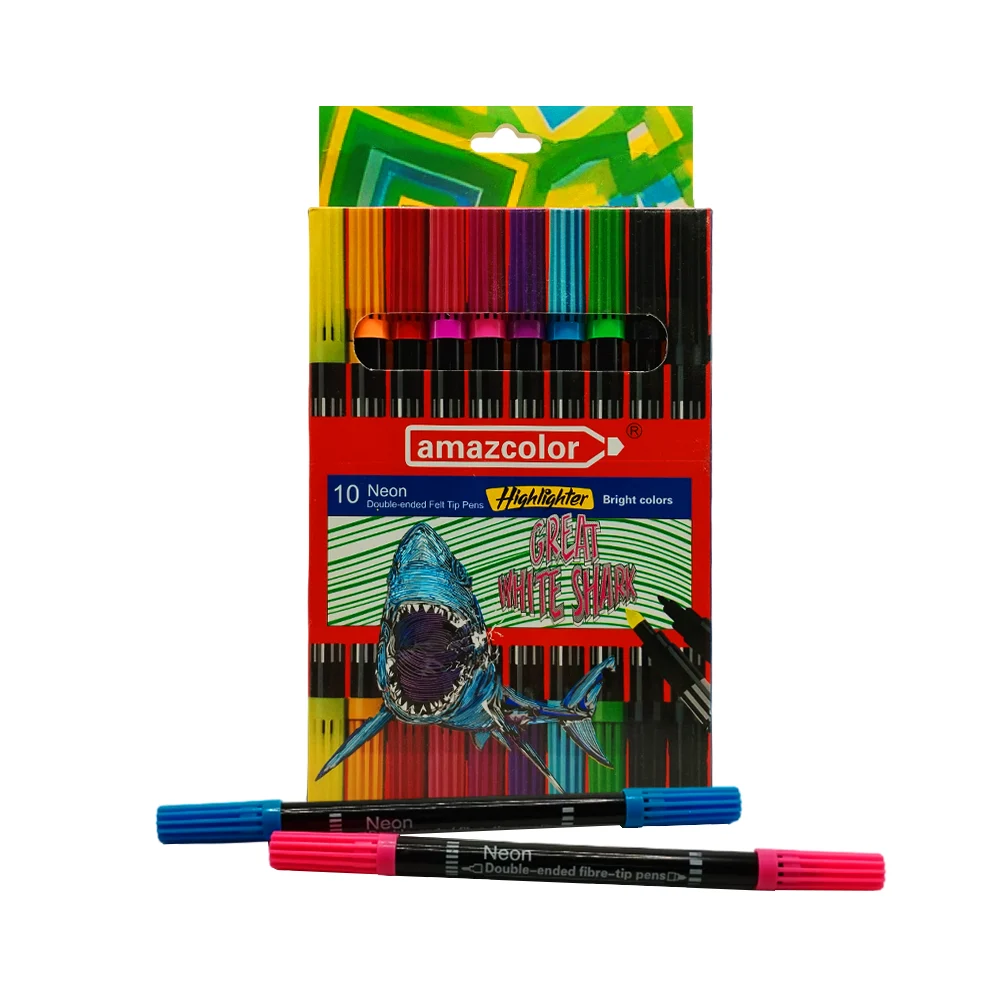 Caja con 10 plumones marcadores de doble punta en colores neón / amazcolor / hfy-10803