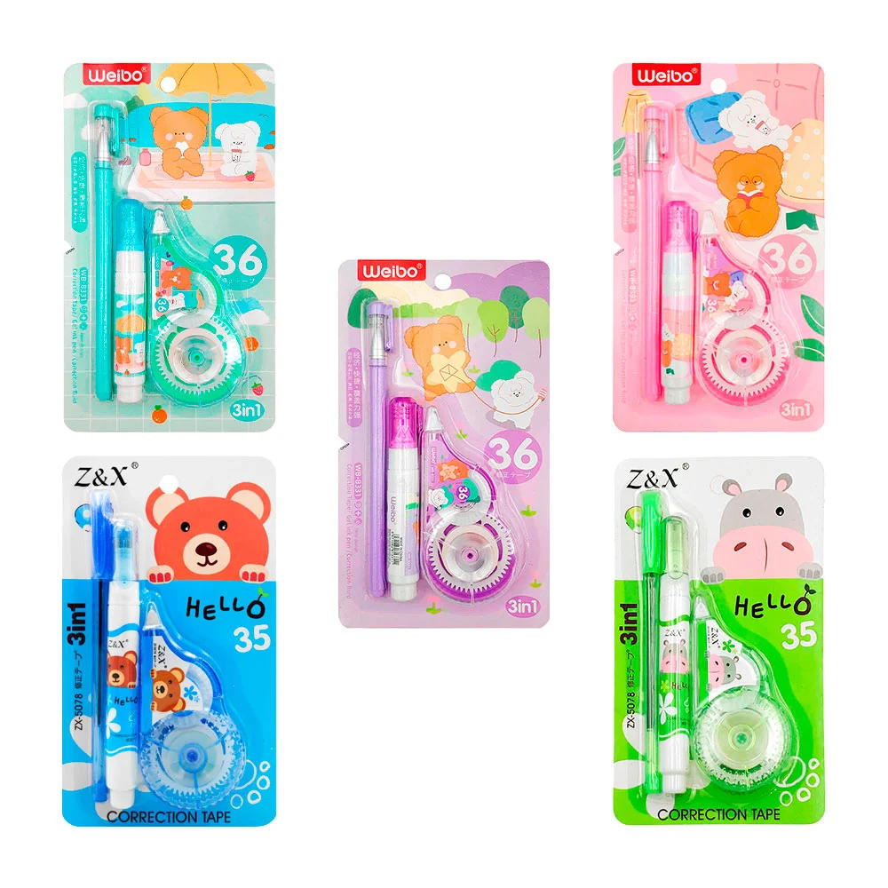 Blíster de papelería infantil, con corrector de cinta, corrector líquido tipo pluma y 1 pluma bolígrafo, variedad de modelos / weibo / wb-8331 / j440