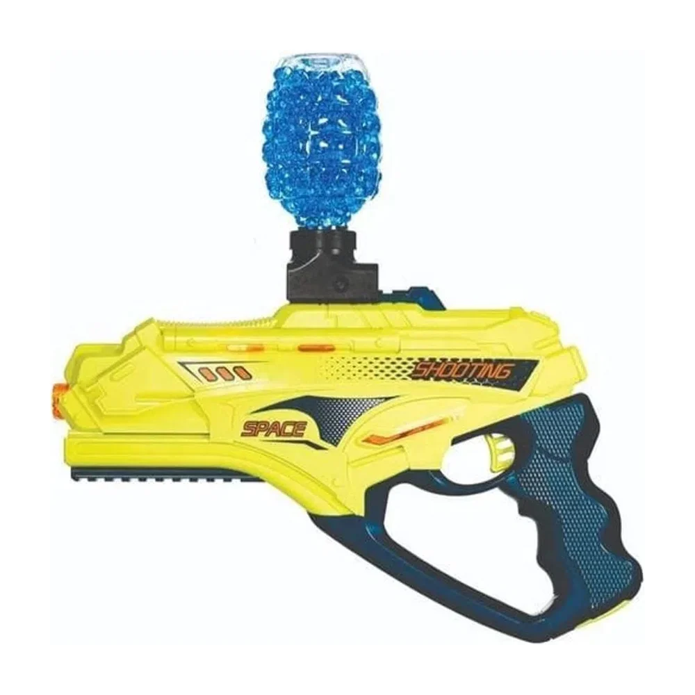 Pistola space shooting con 2 modos de uso lanza dardos o bolitas de hidrogel con pila de litio recargable y accesorios diseño color verde limón y azul metálico / hfy-9679