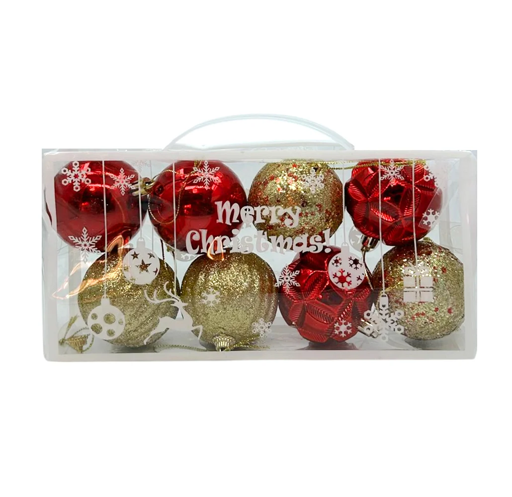 Caja transparente tipo maletín con 8 esferas navideñas medianas en tono metálico, con relieve y diamantina, 5cm, variedad de colores / merry christmas / hg24084