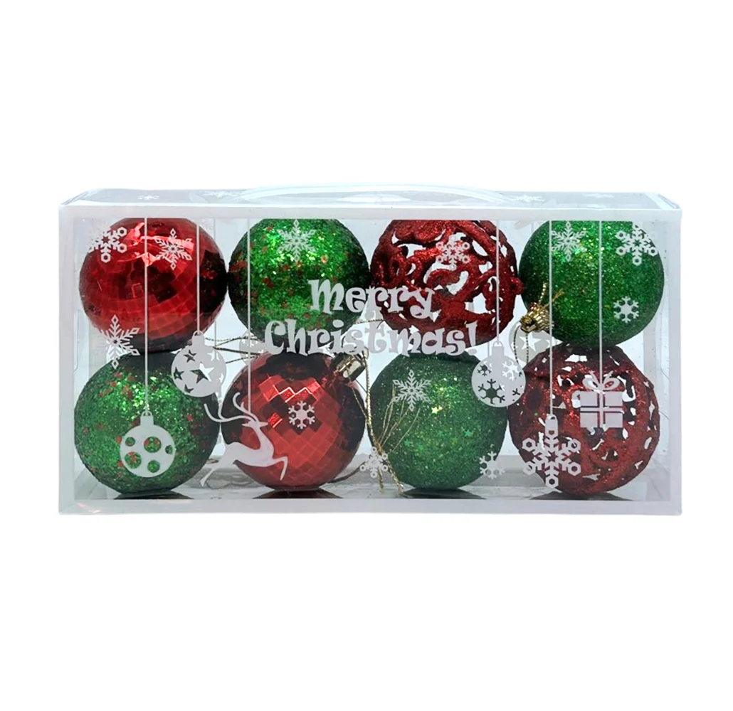Caja transparente tipo maletín con 8 esferas navideñas medianas en tono metálico, huecas y con diamantina, 5cm, variedad de colores / merry christmas / hg24086