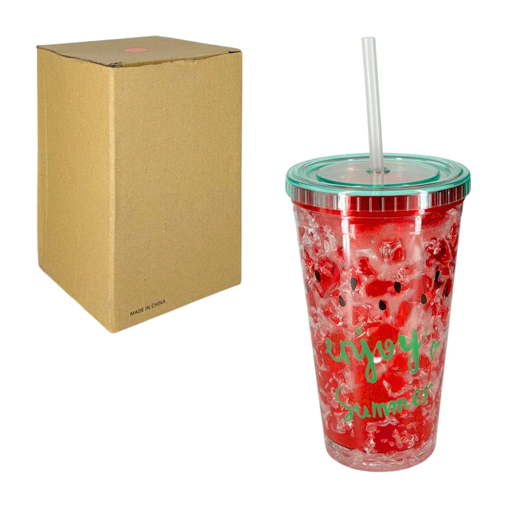 Vaso de acrilico con efecto de hielo, popote, tapa y estampado de semillas de sandia, variedad de colores / hh-920017