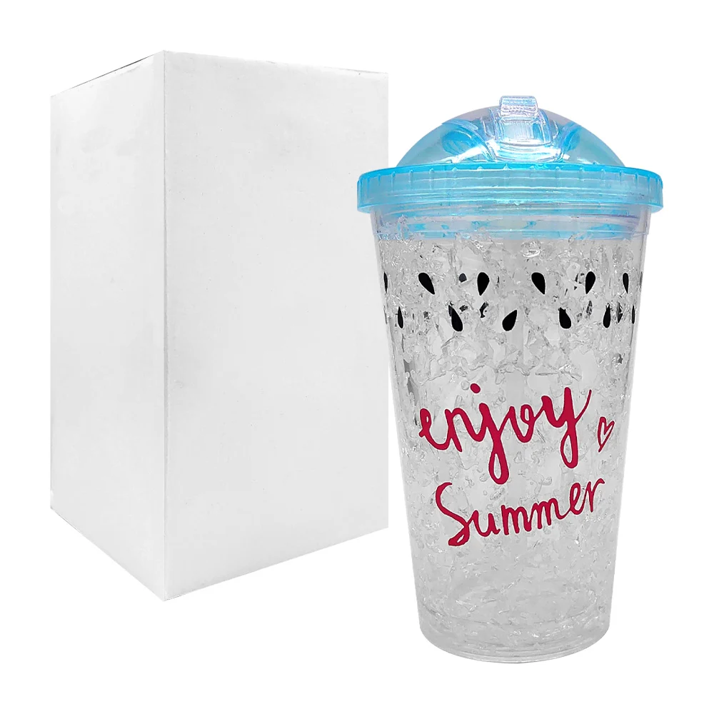 Vaso de acrílico con capacidad de 550ml, efecto tipo hielo y estampado de sandía + tapa con popote, variedad de colores / enjoy summer