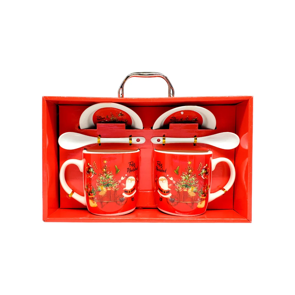 Caja tipo maletín con set juego de 2 tazas de cerámica, 2 cucharas y 2 mini platos con diseño navideño / hk-2007a