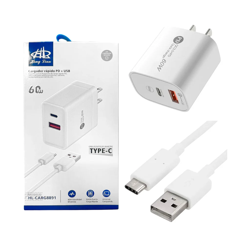 Combo heng lian cubo cargador rápido pd + usb con cable tipo c 1m, 60w / hl-carg8891