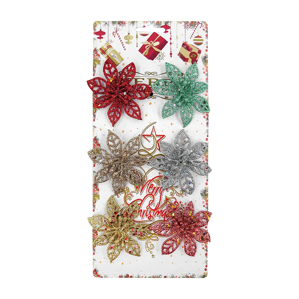 Paquete con 6 adornos en forma de nochebuena con diamantina, variedad de colores / hl-sdh8422