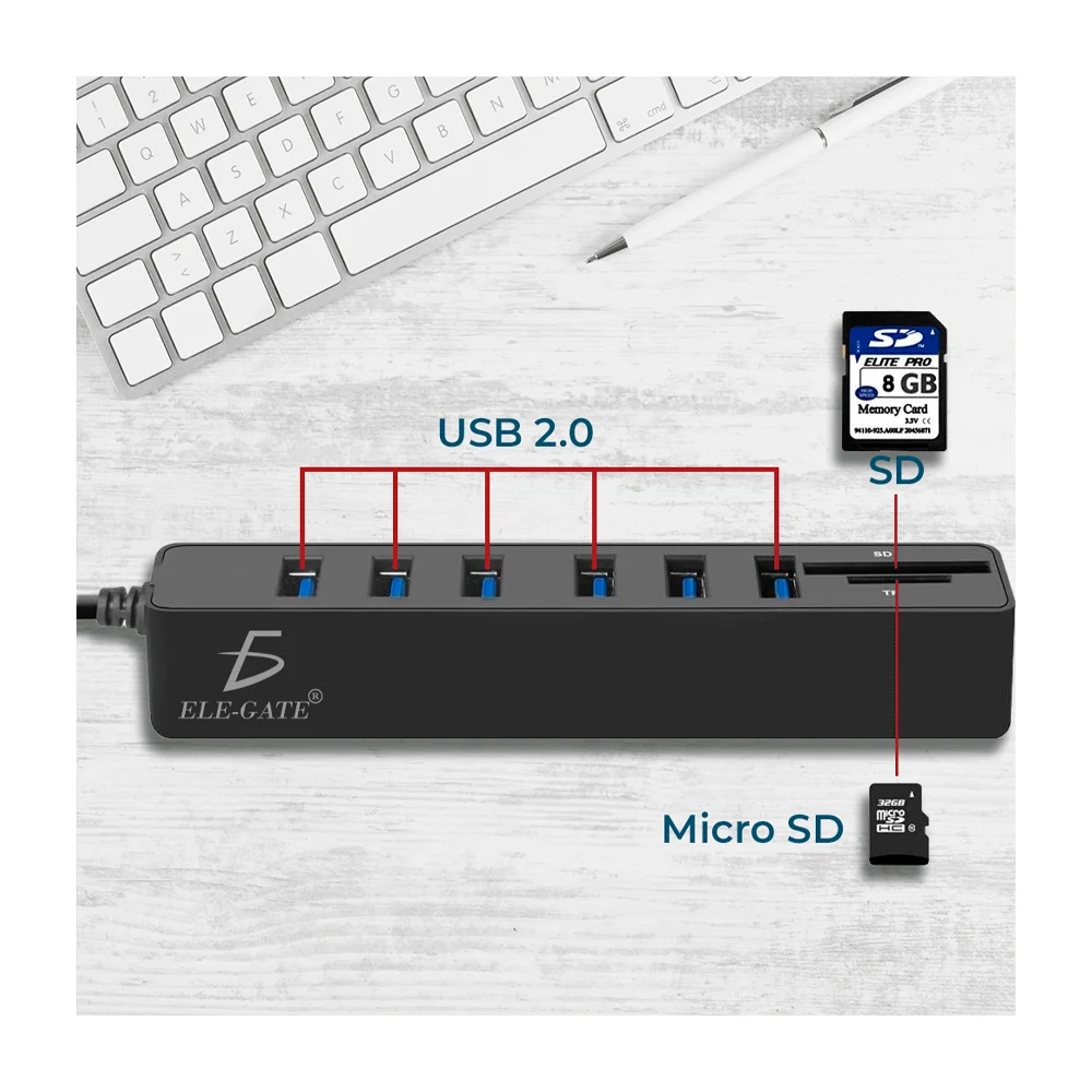 Hub adaptador con 6 puertos usb y lector de tarjetas sd tf, variedad de colores