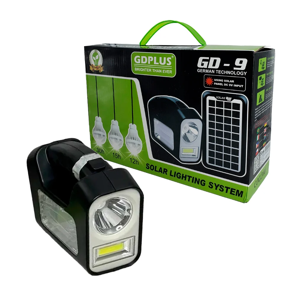 Lámpara de mano con 3 modos de luz intercambiable + 3 focos led y panel solar para recargar / gd-9