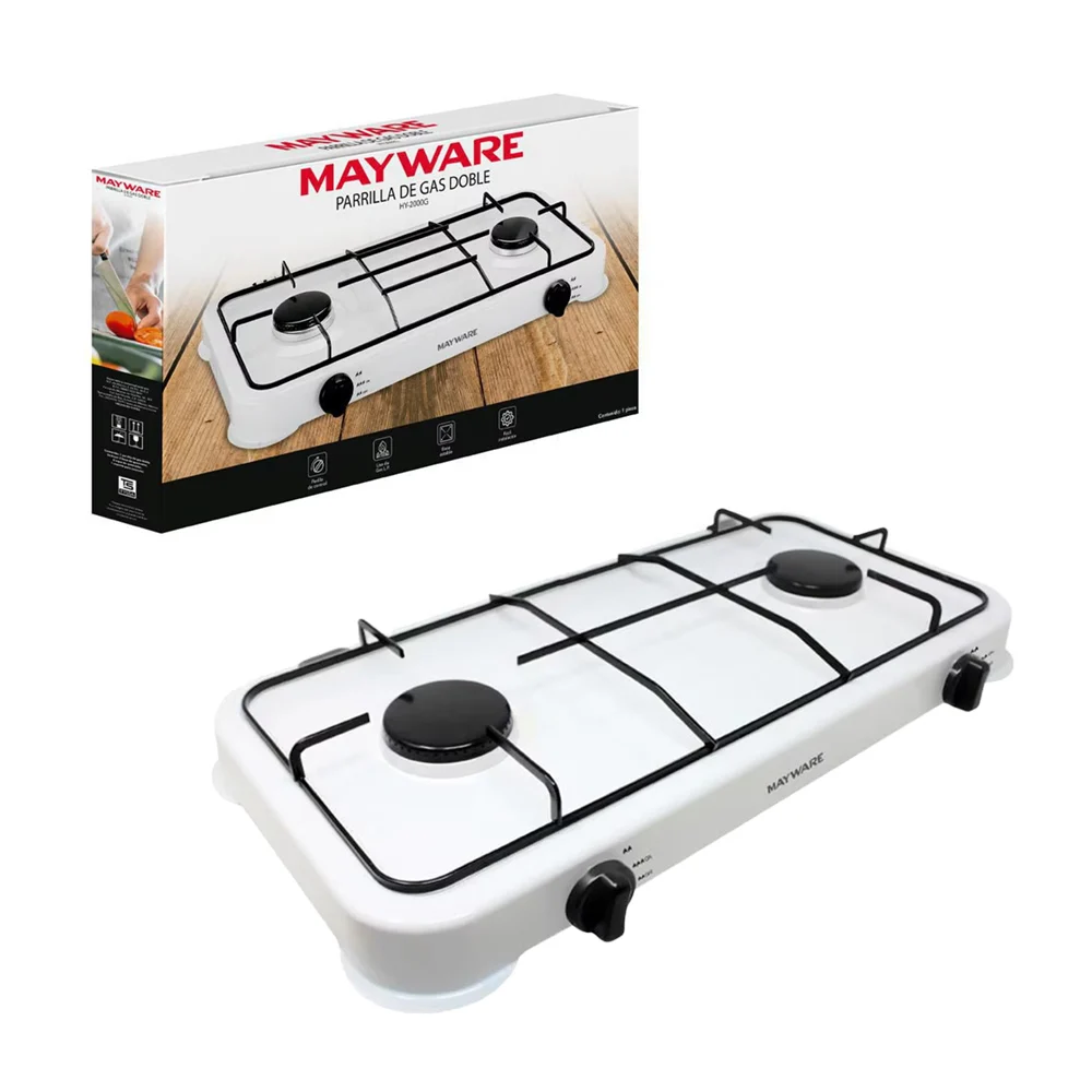 Estufa portátil con 2 parrillas de gas y 2 perillas controladoras de temperatura / mayware / hy-2000g