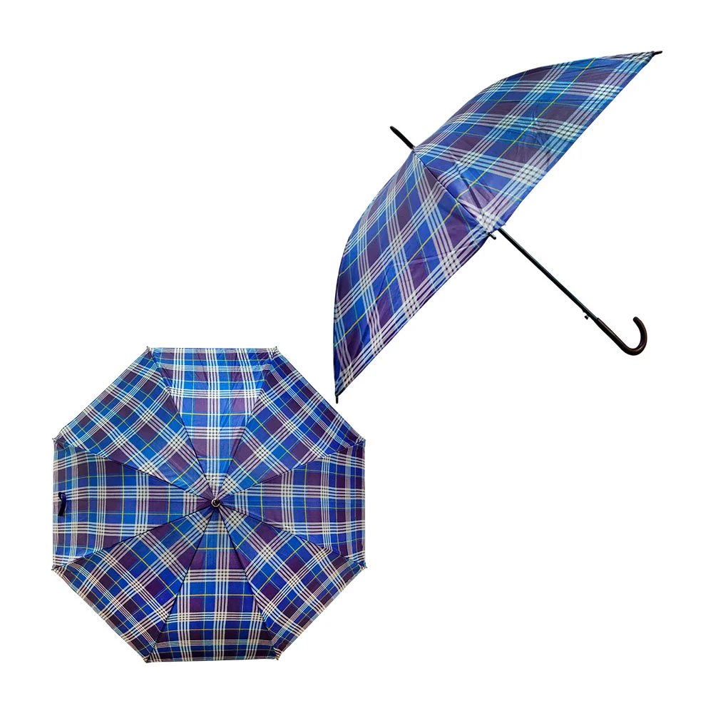 Paraguas grande semi automático tipo bastón y mango curvo de plástico con estampado de cuadros estilo escocés, variedad de colores / hy900 / hy-900