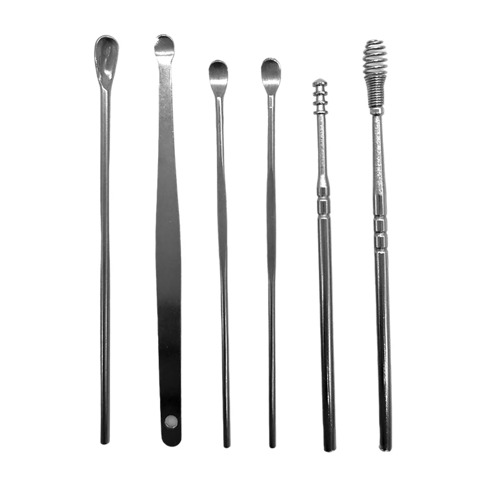 Funda de tipo piel con 6 herramientas compactas tipo cuchara para limpiar cera de los oídos, variedad de colores / 011371