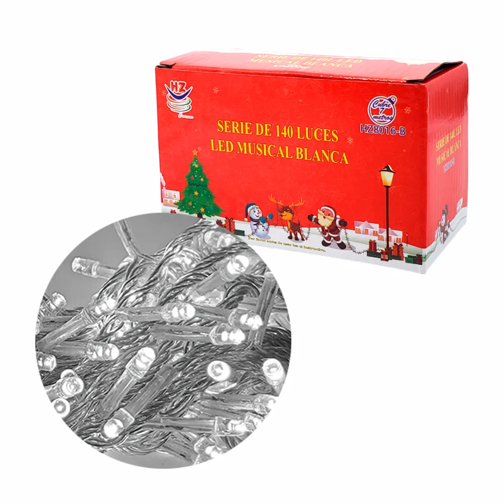 Serie musical de cable transparente de 7 metros con 140 luces navideñas en color blanca / hz8016-b