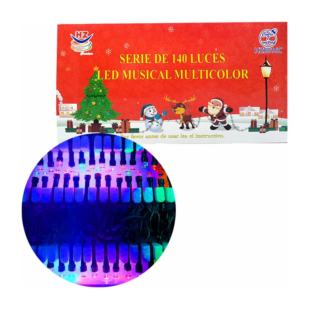 Serie musical de cable verde de 7 metros con 140 luces navideñas en tono multicolor / hz8016c-v
