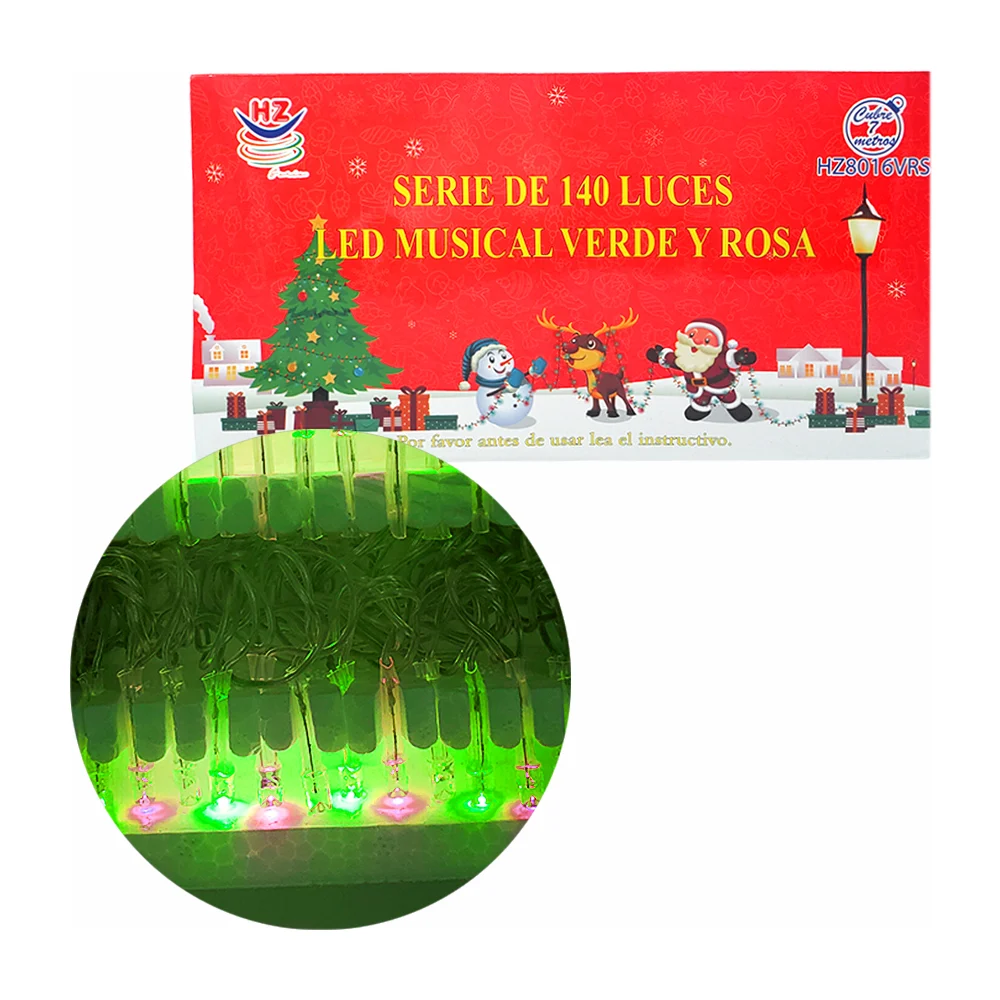 Serie musical de cable transparente de 7 metros con 140 luces navideñas en color verde y rosa / hz8016vrs