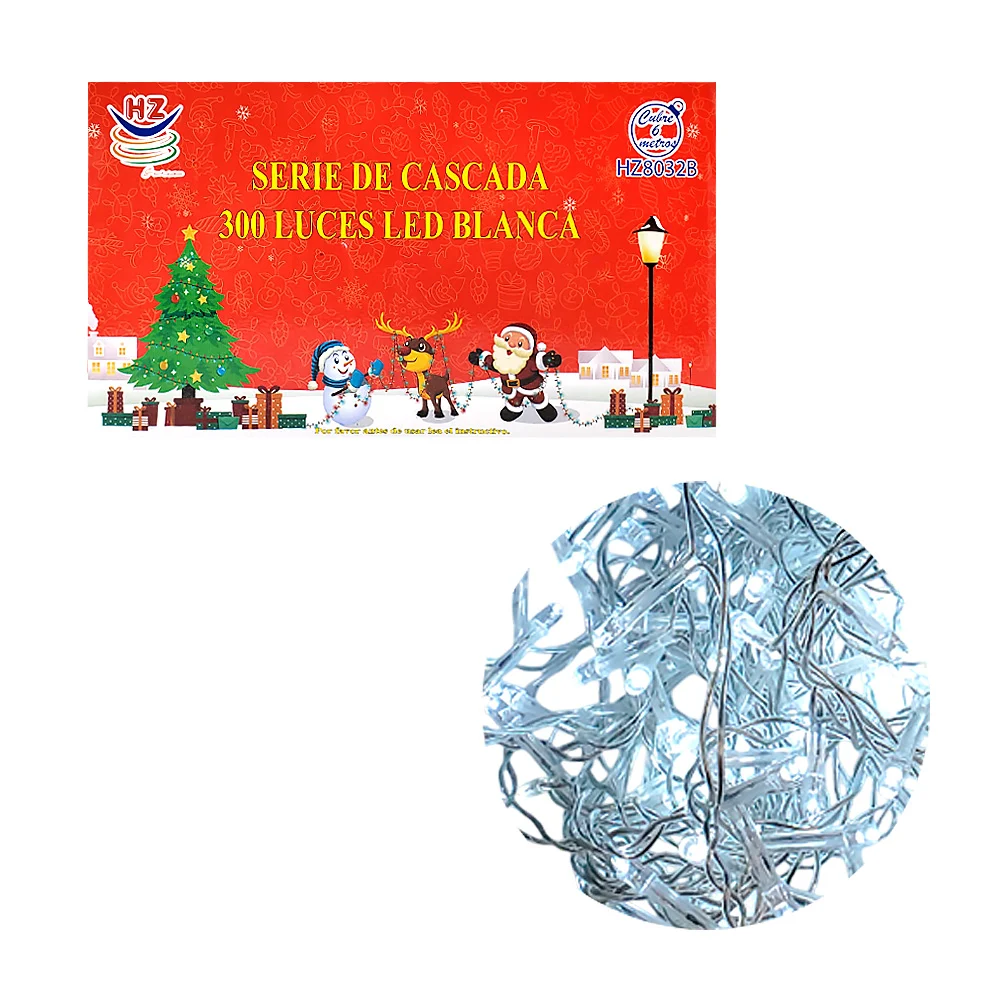 Serie cascada de cable transparente de 6 metros con 300 luces navideñas en color blanca / hz8032b