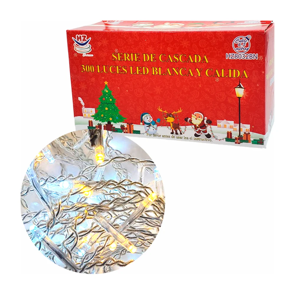 Serie cascada de cable transparente de 6.5 metros con 300 luces navideñas en color blanca y cálida / hz8032bn