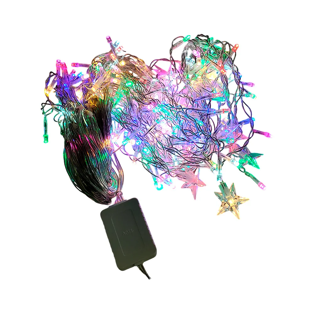Serie cascada de cable transparente de 4.5 metros con 200 luces navideñas en tono multicolor + luces en forma de estrellas / hz8033c