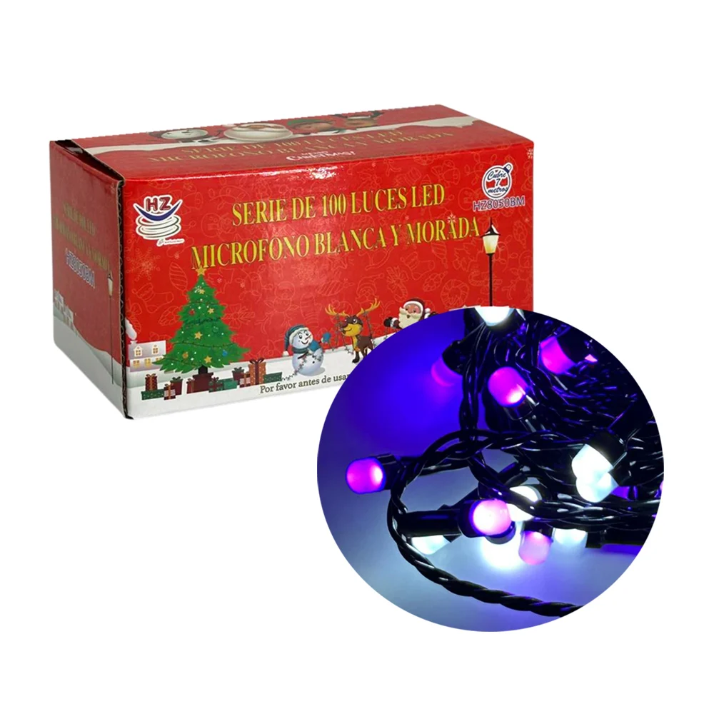 Serie de cable negro de 7 metros con 100 luces navideñas con diseño de microfóno y en color blanca y morada / hz8050bm