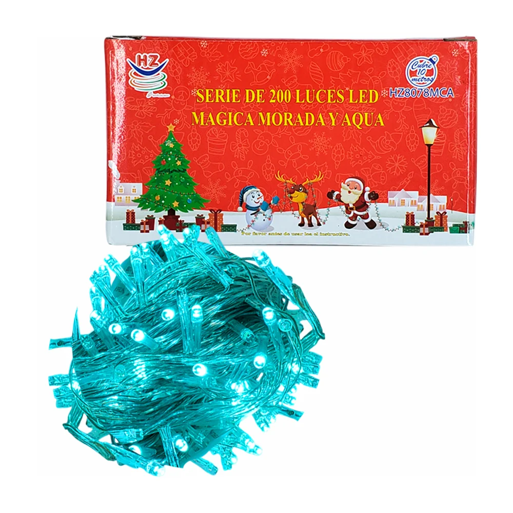 Serie de cable transparente de 10 metros con 200 luces navideñas en color morada y aqua / hz8078mca