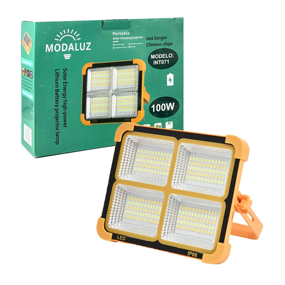 Lámpara reflector led modaluz portátil recargable con panel solar, 100w / int071